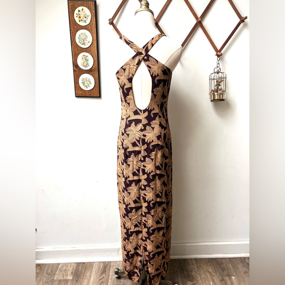 90s Vintage Tropical Floral Halter Maxi Dress - Picture 8 of 10